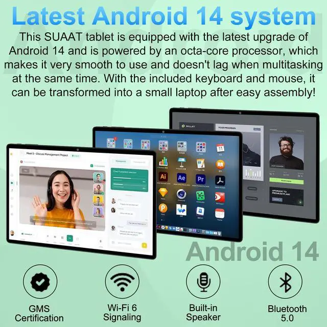 Alt view image 2 of 5 - SUAAT 2025 Tablet 10 inch Android 14 Tablets with Keyboard Mouse, 20GB RAM 128GB ROM 1TB Expand 2 in 1 Tablet with Octa-core 6000mAh, HD IPS Display, Widevine L1, 5G WiFi 6, Dual Camera, GMS (Black)