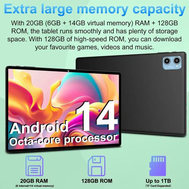 Alt view image 3 of 5 - SUAAT 2025 Tablet 10 inch Android 14 Tablets with Keyboard Mouse, 20GB RAM 128GB ROM 1TB Expand 2 in 1 Tablet with Octa-core 6000mAh, HD IPS Display, Widevine L1, 5G WiFi 6, Dual Camera, GMS (Black)