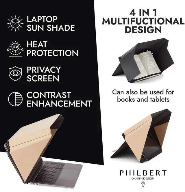 Alt view image 2 of 5 - Philbert Danish Design 4-in-1 Laptop Sun Shade Lux Hood - Screen Shade, Privacy Screen, Heat Protection, Contrast Enhancement - Fits 12/13/14 Laptops, Self-Standing Cover with Pocket - Beige