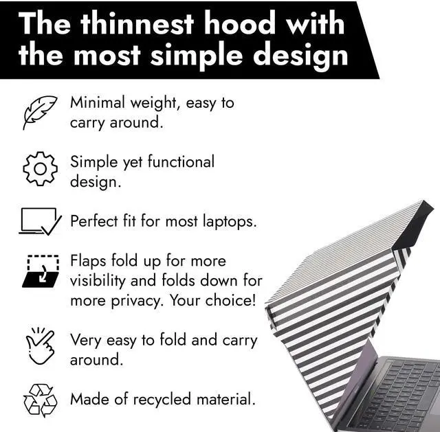 Alt view image 3 of 5 - Philbert Danish Design 4-in-1 Laptop Sun Shade - Slim Hood Screen Shade, Privacy Screen, Heat Protection, & Contrast Enhancement - Universal, Foldable, & Lightweight - Fits 15"/16" Laptops - Striped