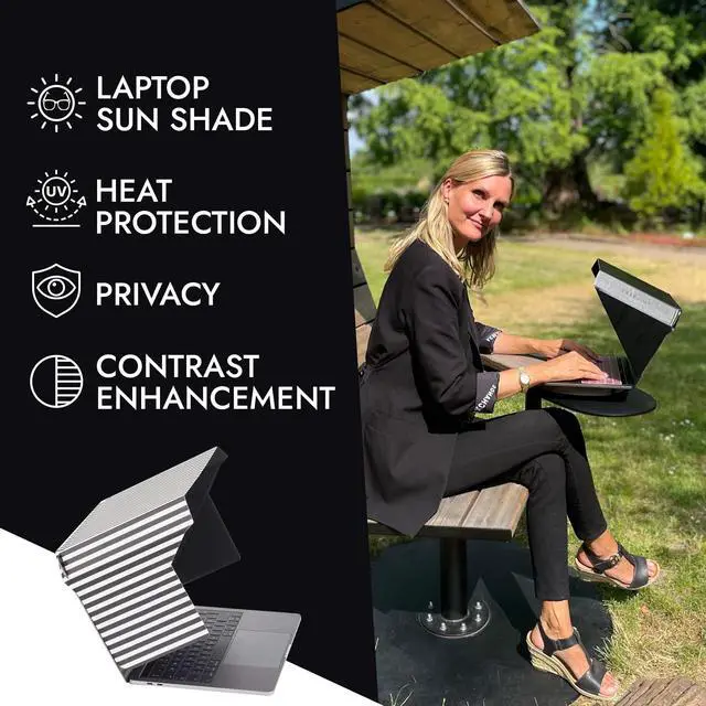 Alt view image 2 of 5 - Philbert Danish Design 4-in-1 Laptop Sun Shade - Slim Hood Screen Shade, Privacy Screen, Heat Protection, & Contrast Enhancement - Universal, Foldable, & Lightweight - Fits 15"/16" Laptops - Striped