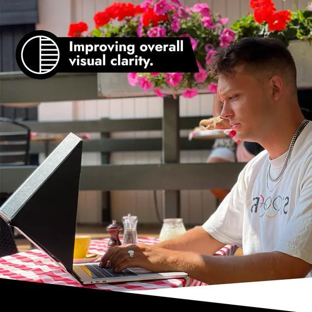 Alt view image 5 of 5 - Philbert Danish Design 4-in-1 Laptop Sun Shade - Slim Hood Screen Shade, Privacy Screen, Heat Protection, & Contrast Enhancement - Universal, Foldable, & Lightweight - Fits 15"/16" Laptops - Striped