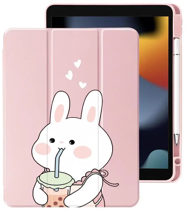 Main image of Cute Kawaii Bunny for iPad Pro 12.9 Inch Case 5th/6th Generation 2022/2021/2020 with Pencil Holder, Auto Sleep/Wake, Pink Leather Clear Acrylic Back Cover