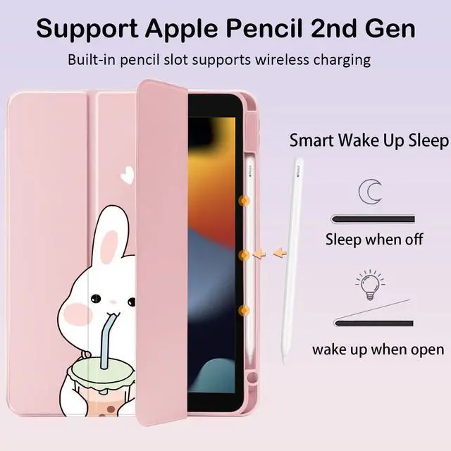 Alt view image 3 of 5 - Cute Kawaii Bunny for iPad Pro 12.9 Inch Case 5th/6th Generation 2022/2021/2020 with Pencil Holder, Auto Sleep/Wake, Pink Leather Clear Acrylic Back Cover