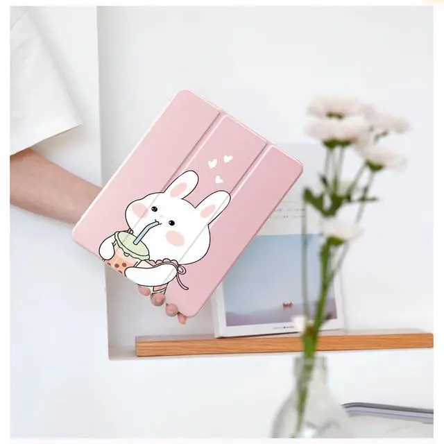 Alt view image 2 of 5 - Cute Kawaii Bunny for iPad Pro 12.9 Inch Case 5th/6th Generation 2022/2021/2020 with Pencil Holder, Auto Sleep/Wake, Pink Leather Clear Acrylic Back Cover
