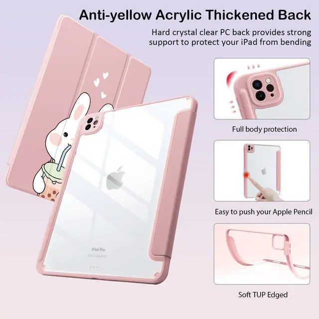 Alt view image 4 of 5 - Cute Kawaii Bunny for iPad Pro 12.9 Inch Case 5th/6th Generation 2022/2021/2020 with Pencil Holder, Auto Sleep/Wake, Pink Leather Clear Acrylic Back Cover