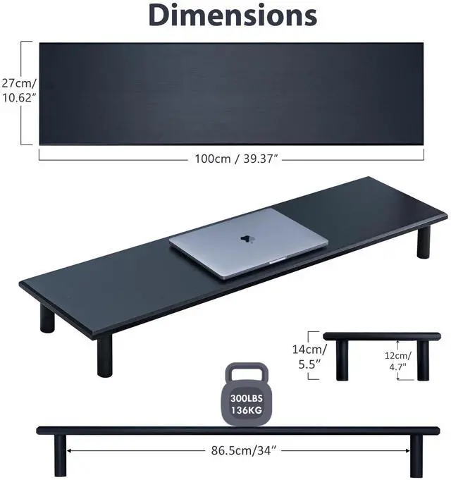 Alt view image 5 of 5 - ROCDEER Bamboo Dual Monitor Stand Riser, Black Desk Monitor Riser for 2 Monitors Supports for Monitor, Printer, Heavy TV Riser up to 300 lbs
