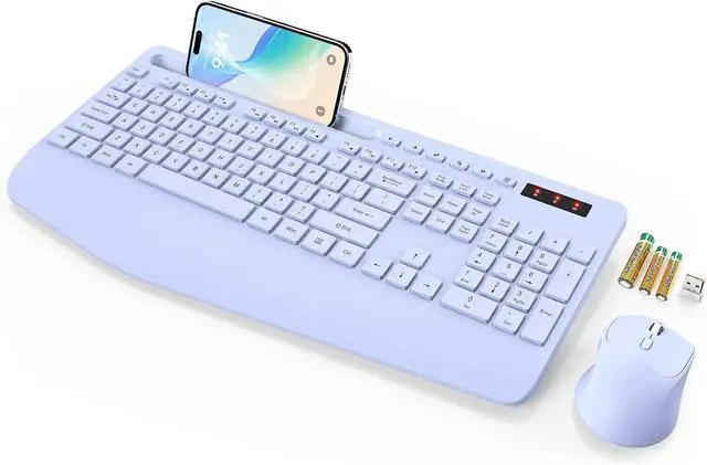 Main image of SABLUTE Wireless Keyboard and Mouse, Wrist Rest, Phone Holder, Batteries Included, 2.4G Lag-Free Ergonomic Keyboards Mouse Combo, Silent Keyboard Cordless Set for Computer, Laptop, PC, Windows, Purple