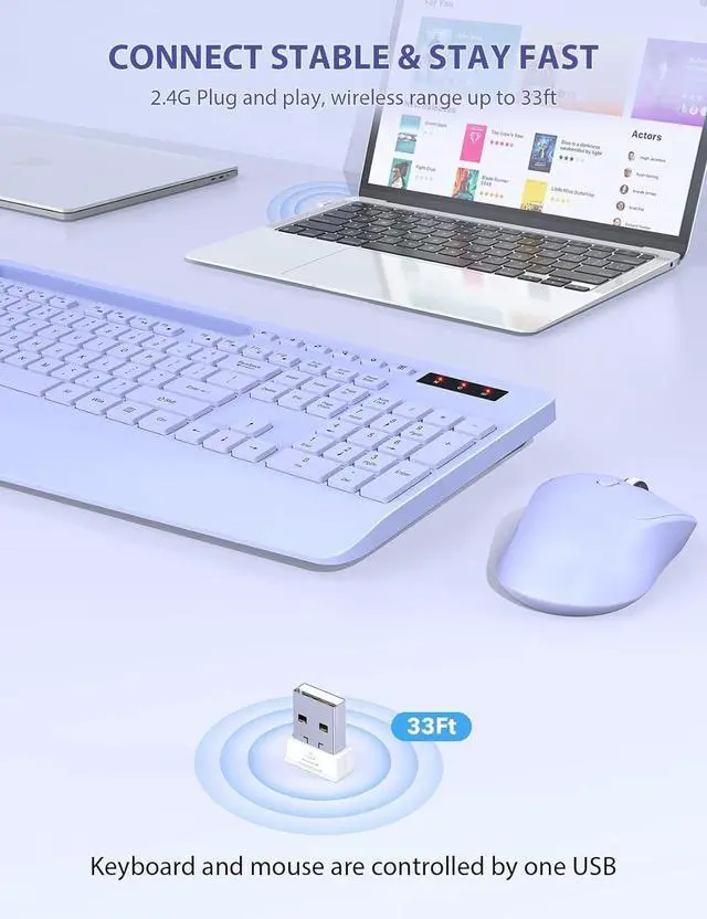 Alt view image 4 of 5 - SABLUTE Wireless Keyboard and Mouse, Wrist Rest, Phone Holder, Batteries Included, 2.4G Lag-Free Ergonomic Keyboards Mouse Combo, Silent Keyboard Cordless Set for Computer, Laptop, PC, Windows, Purple
