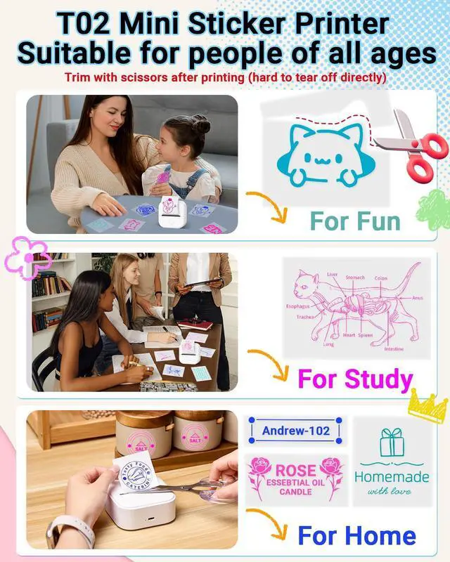 Alt view image 2 of 5 - Memoking T02 Sticker Printer - Print Pods Mini Printer Portable Thermal Inkless Label Maker Pocket Phone Labeling Machine for Study Graphic, Anatomical Diagram, Receipts, Photo, White