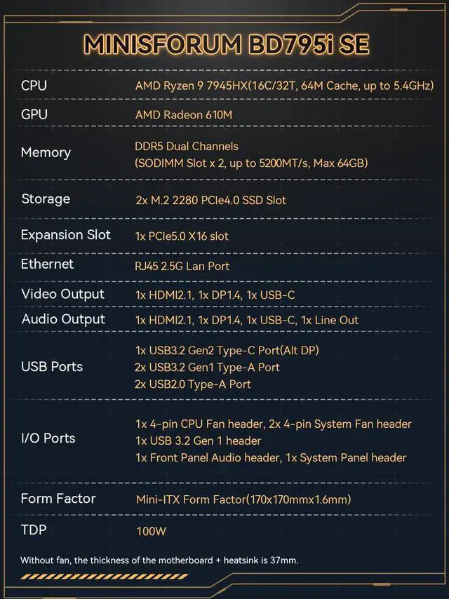 Alt view image 2 of 5 - MINISFORUM Motherboard BD795i SE Mini ITX NAS Motherboard, AMD Ryzen 9 7945HX, 16 C/32 T,PCIe 5.0 x16 Slot, Dual PCIe4.0 M.2 Support, DDR5,8K Triple Output(HDMI/DP/USB-C), RJ45 2.5G, USB 3.2