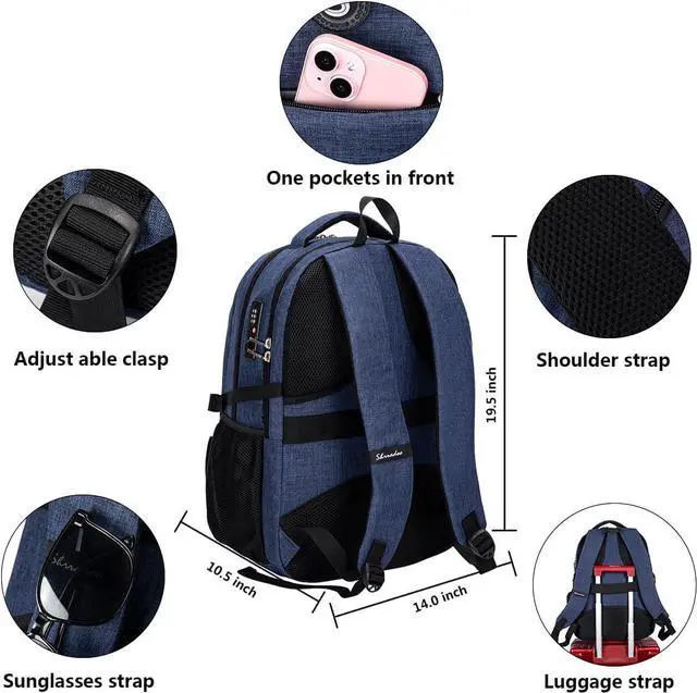 Alt view image 3 of 5 - SHRRADOO Anti Theft Laptop Backpack Travel Backpacks with usb Charging Port for Women Men College Backpack Computer Bag Fits 17 Inch Laptop,Royal Blue