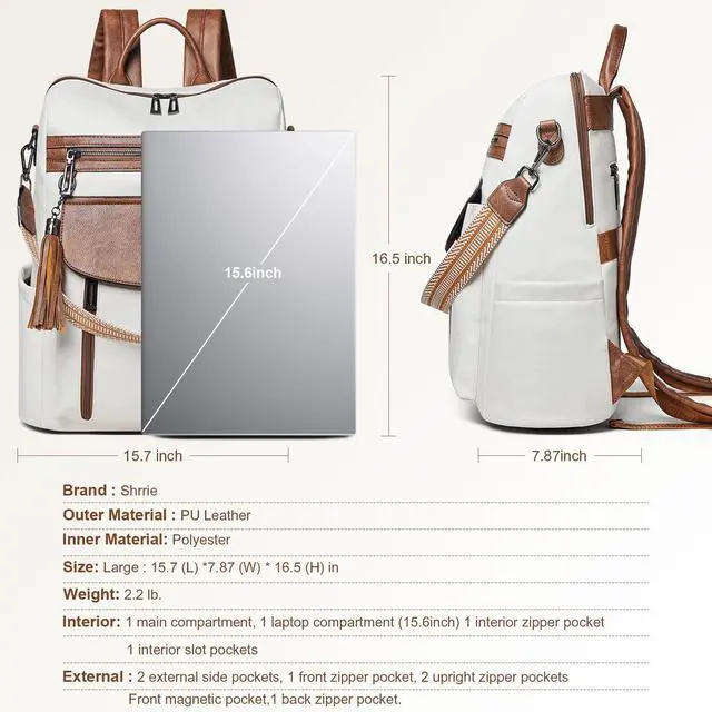 Alt view image 3 of 5 - Shrrie Laptop Backpack for Women 15.6 inch,Travel Leather Backpack Purse Nurse Teacher Carry on Backpack Computer Bag,Professional Water-Resistant College Business Work Casual Daypack,Beige with Brown
