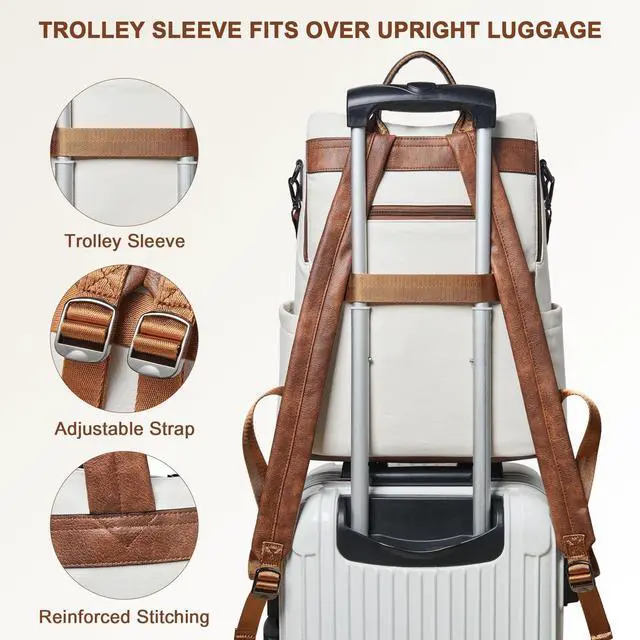 Alt view image 4 of 5 - Shrrie Laptop Backpack for Women 15.6 inch,Travel Leather Backpack Purse Nurse Teacher Carry on Backpack Computer Bag,Professional Water-Resistant College Business Work Casual Daypack,Beige with Brown