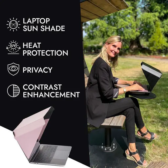 Alt view image 2 of 5 - Philbert Danish Design 4-in-1 Laptop Sun Shade - Slim Hood Screen Shade, Privacy Screen, Heat Protection, & Contrast Enhancement - Universal, Foldable, & Lightweight - Fits 15"/16" Laptops - Pink