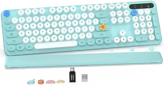 Main image of Wireless Keyboard, Round Keycaps, Retro Typewriter Keyboard with Detachable Wrist Rest, Sleep Mode, Foldable Legs, 2.4GHz Full-size Cordless Computer Keyboard for Windows/PC/Laptop (Colorful-Blue)