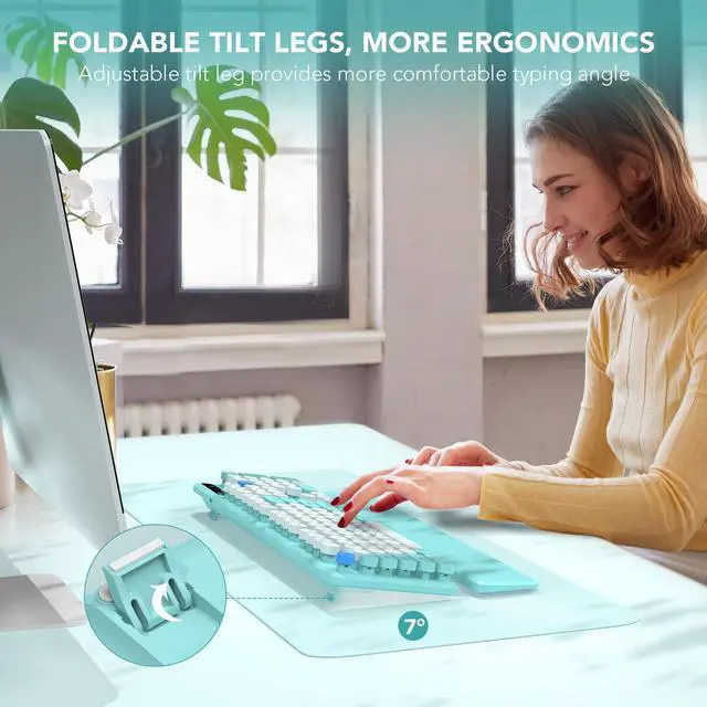 Alt view image 3 of 5 - Wireless Keyboard, Round Keycaps, Retro Typewriter Keyboard with Detachable Wrist Rest, Sleep Mode, Foldable Legs, 2.4GHz Full-size Cordless Computer Keyboard for Windows/PC/Laptop (Colorful-Blue)