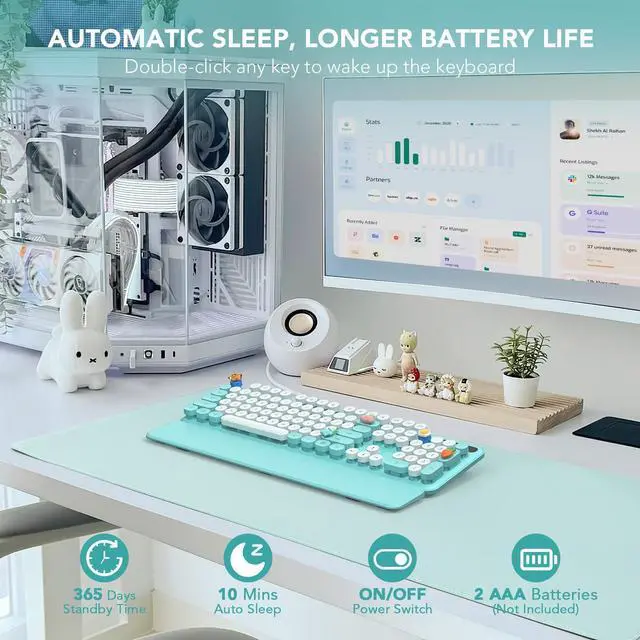 Alt view image 5 of 5 - Wireless Keyboard, Round Keycaps, Retro Typewriter Keyboard with Detachable Wrist Rest, Sleep Mode, Foldable Legs, 2.4GHz Full-size Cordless Computer Keyboard for Windows/PC/Laptop (Colorful-Blue)