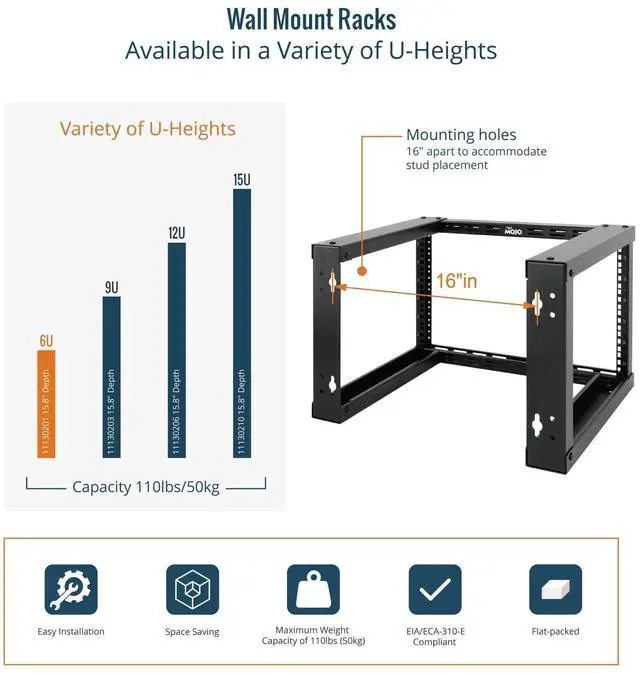 Alt view image 5 of 5 - Tecmojo 6U Fixed Wall Mount Network Rack 15.8inch Depth Open Frame for Server Data/AV/IT/Communication/Computer Equipment/Patch Panel Heavy Duty