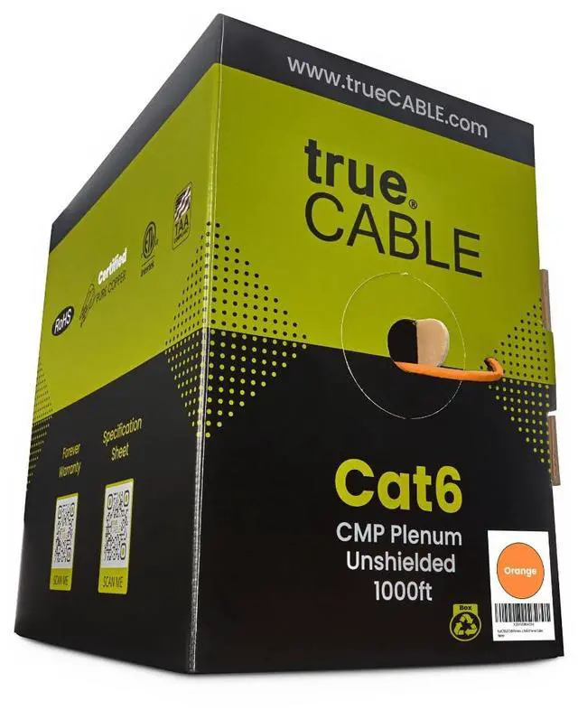 Main image of trueCABLE Cat6 Plenum (CMP), 1000ft, Orange, 23AWG 4 Pair Solid Bare Copper, 550MHz, PoE++ (4PPoE), ETL Listed, Unshielded Twisted Pair (UTP), Bulk Ethernet Cable