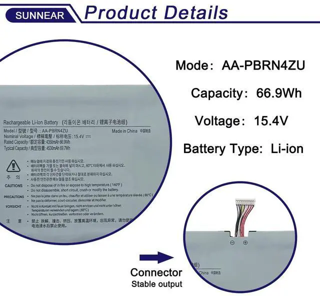 Alt view image 3 of 5 - SUNNEAR AA-PBRN4ZU Battery Compatible with Samsung Galaxy Book Flex 930QCG 930QCJ 930XCJ NP930QCG-K01 950QCG-X01 950QCJ 950XCJ NP950QCG NP950QCG-K01US 15.4V 4350mAh 66.9Wh 4-Cell