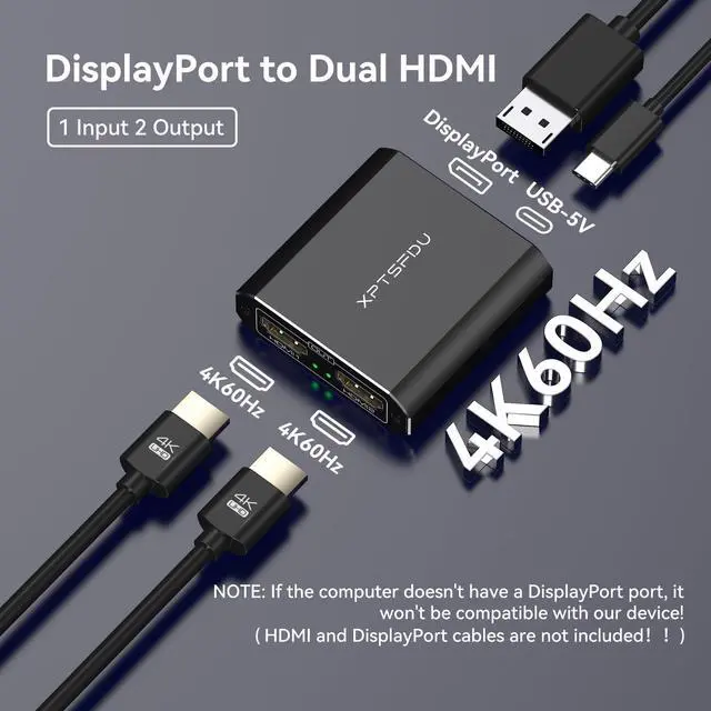 Alt view image 5 of 5 - XPTSFDU DisplayPort to Dual HDMI Splitter 4K60Hz Display Port to HDMI Splitter 1 in 2 Out Extended Display DP Source to Dual Monitors Supports MST and SST for Windows Only(DP Cable Not Included)