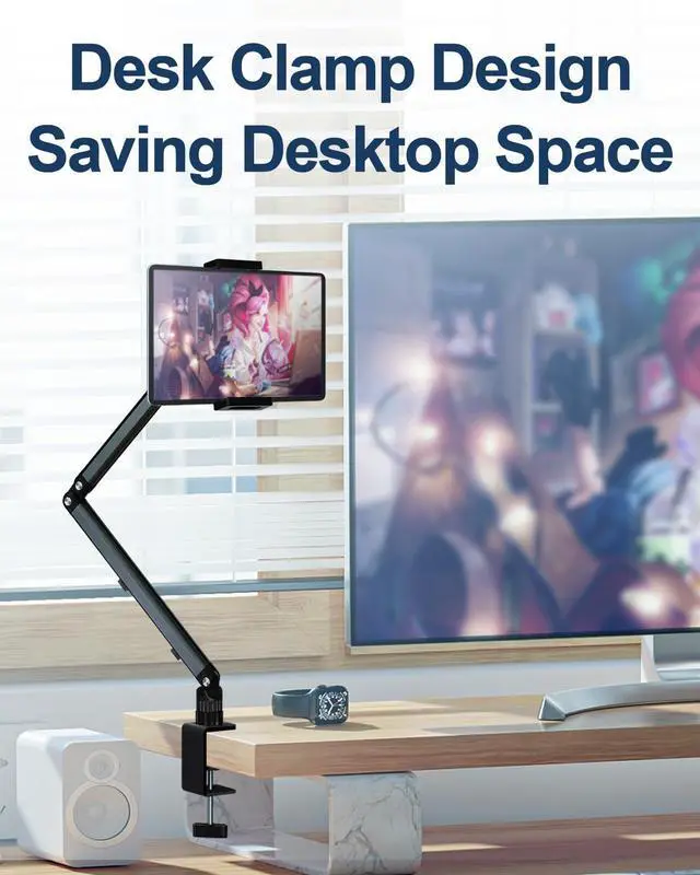 Alt view image 3 of 5 - YCNEW Tablet Desk Mount for ipad, Desk Clamp Aluminum Alloy Arm Tablet Stand Holder Suitable for 4.7-15.6" and Under 3 Pounds iPhone, ipad mini/Air/Pro, Kindle, Portable Monitor, Nintendo Switch(Gray)