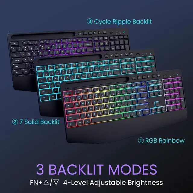 Alt view image 2 of 5 - Wireless Keyboard and Mouse Combo- VEILZOR 2.4G Rechargeable Keyboard with Phone Holder, Ergonomic Wrist Rest, 9 RGB Backlit Effects, Silent Keyboard Mouse Set for Windows, Laptop, PC