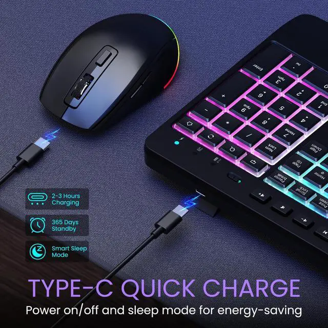 Alt view image 4 of 5 - Wireless Keyboard and Mouse Combo- VEILZOR 2.4G Rechargeable Keyboard with Phone Holder, Ergonomic Wrist Rest, 9 RGB Backlit Effects, Silent Keyboard Mouse Set for Windows, Laptop, PC