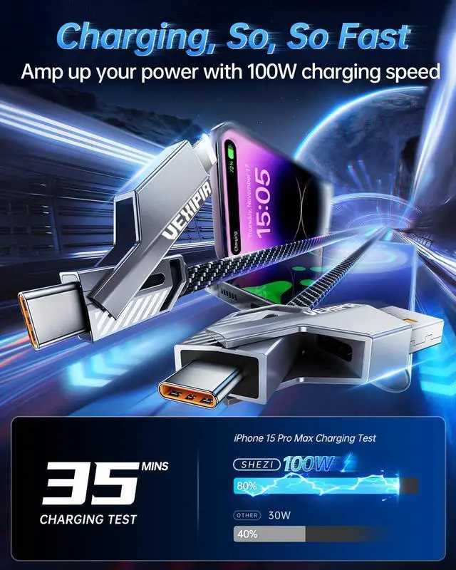 Alt view image 4 of 5 - [Upgrade] Vexipia 4-in-1 Long USB C Cable 100W 10FT Lightning Cable Fast Charging Flat Nylon Braided for iPhone/iPad Charger Cord [480Mbps Data Sync] Multi Charge Wire with Lightning/Type C/USB A Port