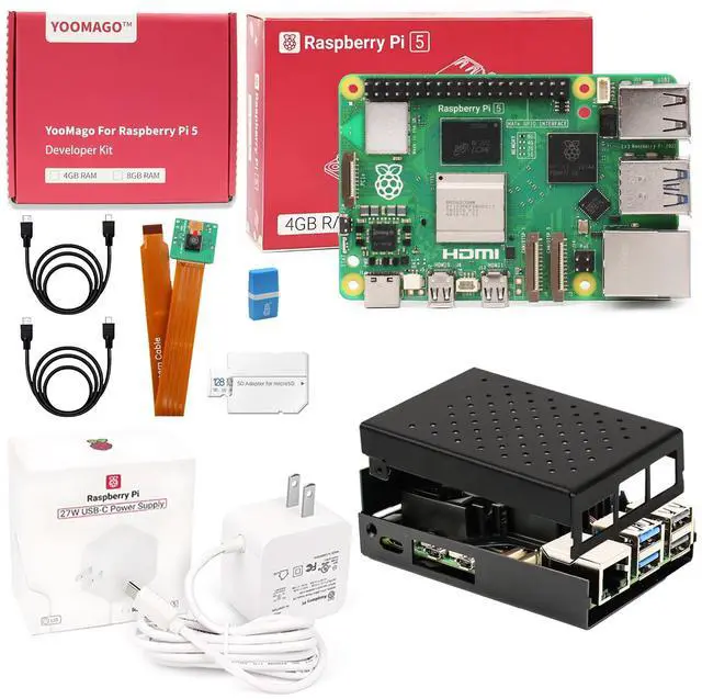 Main image of YOOMAGO Raspberry Pi 5 Starter Kit with Pi 5 4GB RAM Board, 27W USB-C Pi 5 Power Supply, 128GB Card, Raspberry Pi 5 Aluminum Case