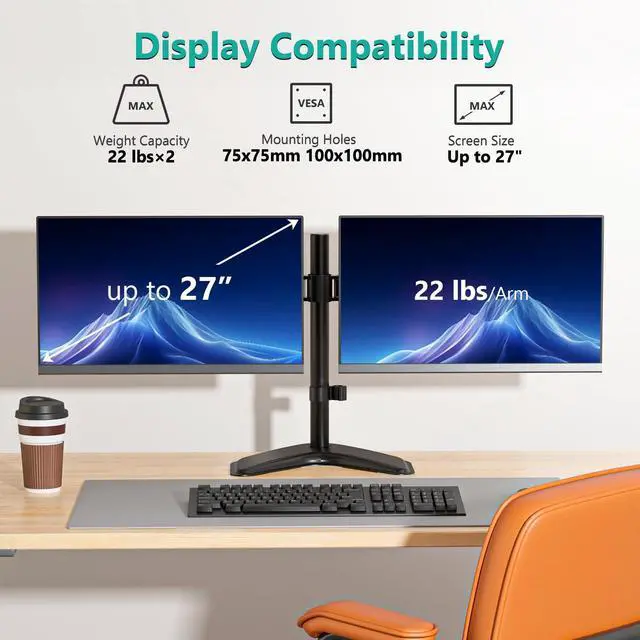 Alt view image 2 of 5 - WALI Free Standing Dual LCD Monitor Fully Adjustable Desk Mount Fits 2 Screens up to 27 inch, 22 lbs. Weight Capacity per Arm, with Grommet Base (MF002), Black