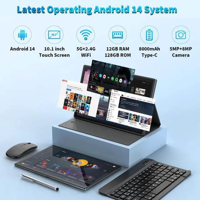 Alt view image 2 of 5 - YLEEBG Android Tablet with Keyboard,10 inch Android 14 Tablet, 12GB RAM 128GB ROM, 1TB Expand, 8000mAh, 2.4G/5G WiFi, Bluetooth, GMS Certified, 2 in 1 Tablet with Mouse, Case, Stylus Tablet PC(Black)