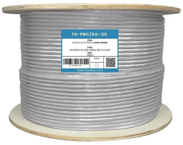Alt view image 3 of 3 - TSCables | Cat6A Plenum (CMP) 1000ft, 750Mhz, PoE++ (4PPoE) | 100% Solid Bare Copper | 23AWG Unshielded Twisted Pairs (UTP), Available in 7 Colors for Easy Identification (Gray, 1000ft)