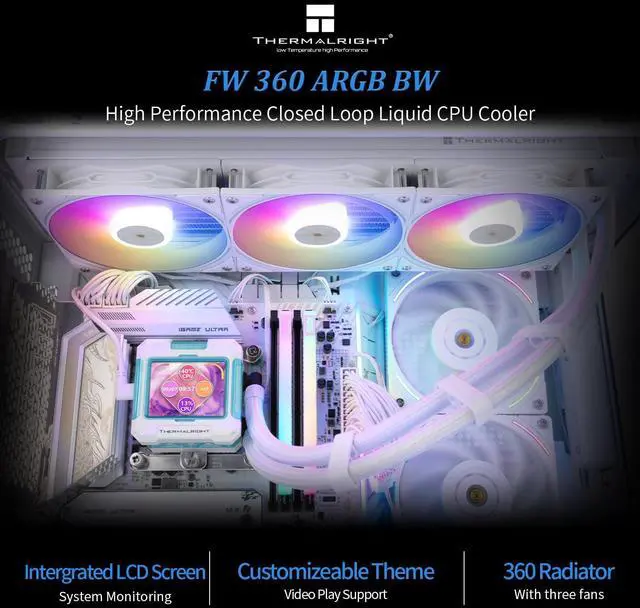 Alt view image 2 of 5 - Thermalright FW360 ARGB BW CPU AIO Cooler,PC 360 Specification Water Cooler System,IPS LCD Screen with 320x240 Resolution,for AM5&Intel LGA1700/1851,CPU Cooler Comes with 2.4-inch LCD Display