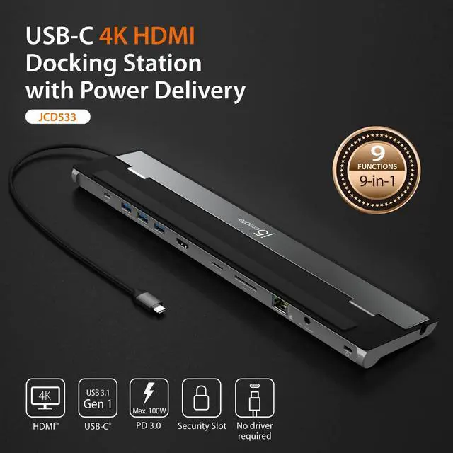 Alt view image 2 of 5 - j5create USB-C 4K HDMI Docking Station (9-in-1), 4K HDMI, 5Gbps USB-A x3, Card Reader, PD 100W, Gigabit Ethernet, Combo Audio Jack, for MacBook, and Windows USB-C Laptop (JCD533)