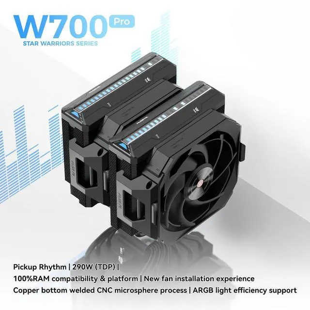 Alt view image 4 of 5 - ALSEYE W700 Pro CPU Cooler Dual-Tower 290W TDP PWM 7 Heat Pipes Copper Bottom Air Cooler ARGB Voice-Activated Synchronized Rhythm Light Cover Koala Fans LGA1700/1200/2011/2066 AM5/AM4 (Black)