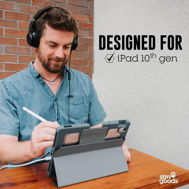 Alt view image 4 of 5 - STM Goods Dux Ox for iPad (A16/10th Gen) Super Protective Case with Integrated 3.5mm Aux Jack, Translucent Back, Durable & Water-Resistant, Built-in Storage for Apple Pencil USB-C/Gen 1 - Black