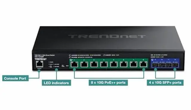 Alt view image 3 of 5 - TRENDnet 12-Port 10G PoE++ Web Smart Switch, TPE-7124SBF, 720W PoE Power Budget, 8 x 10G PoE++ Ports, 4 x 10G SFP+ Ports, NDAA TAA Compliant, 1U 19" Rack Mountable, Lifetime Protection