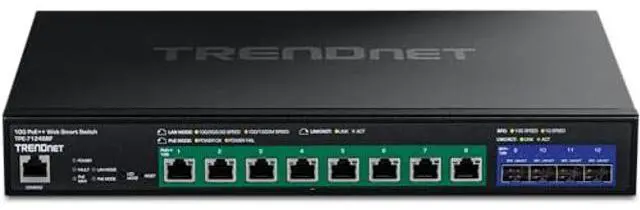 Alt view image 5 of 5 - TRENDnet 12-Port 10G PoE++ Web Smart Switch, TPE-7124SBF, 720W PoE Power Budget, 8 x 10G PoE++ Ports, 4 x 10G SFP+ Ports, NDAA TAA Compliant, 1U 19" Rack Mountable, Lifetime Protection