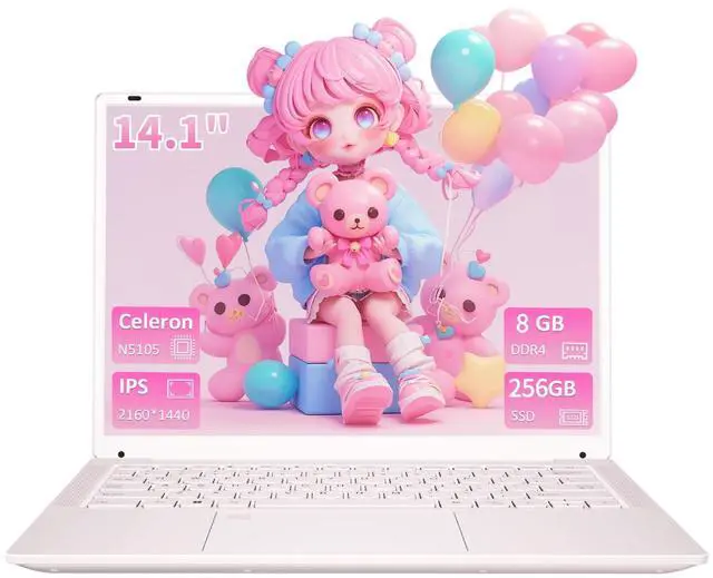 Main image of KurieTim 14.1'' Pink Laptop Computer with 2K Display, 8GB DDR4 RAM 256GB SSD, Intel N5105, Up to 2.9GHz, Fingerprint Reader, Backlit Keyboard, Type-C, Win11 Pro, Student and Business Laptops, Pink