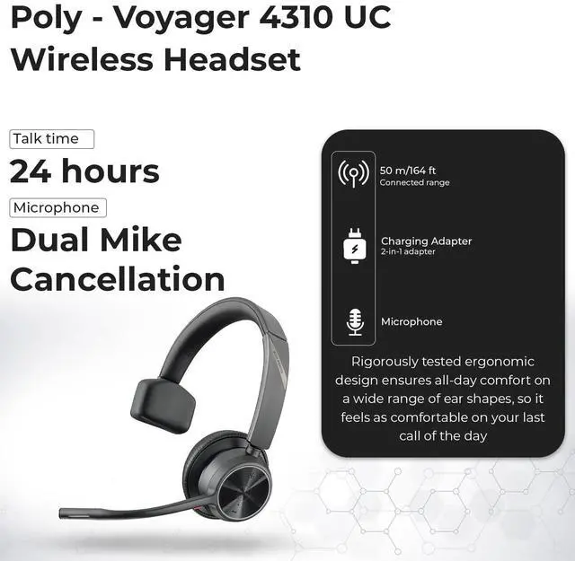Alt view image 3 of 5 - Poly Voyager 4310 UC Wireless Headset + Charge Stand - Connect to PC/Mac & Cell Phone, Single-Ear Headset with Mic + Charging Station + USB A to C Adapter + USB C-C Cable + Pouch + Microfiber Cloth