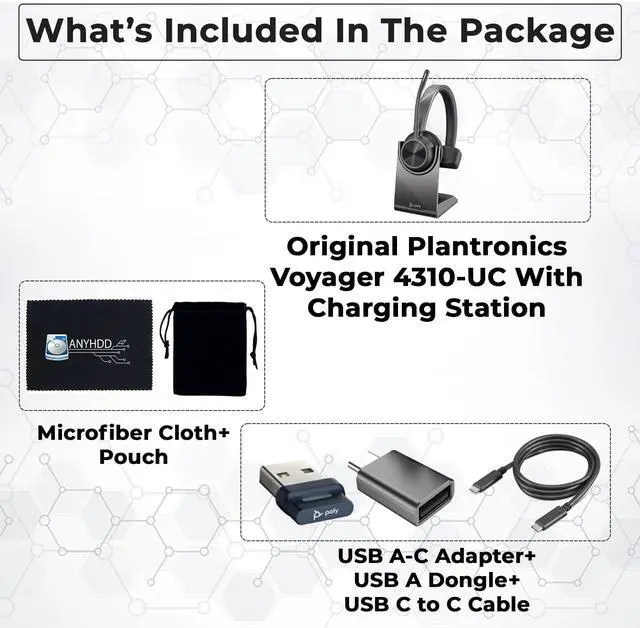 Alt view image 2 of 5 - Poly Voyager 4310 UC Wireless Headset + Charge Stand - Connect to PC/Mac & Cell Phone, Single-Ear Headset with Mic + Charging Station + USB A to C Adapter + USB C-C Cable + Pouch + Microfiber Cloth