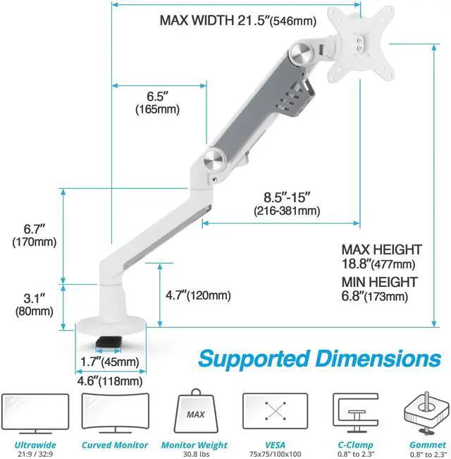 Alt view image 2 of 5 - AVLT Single 13"-38" Monitor Arm Desk Mount fits One Flat/Curved/Ultrawide Monitor Full Motion Height Swivel Tilt Rotation Adjustable Monitor Arm - VESA/C-Clamp/Cable Management - White
