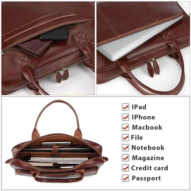 Alt view image 3 of 5 - Blofinche Genuine Leather laptop briefcase mens 15.6 inch Computer Messenger shouledr work Satchel bags Brown