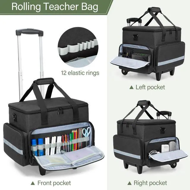 Alt view image 3 of 5 - CURMIO Rolling Teacher Tote Bag with Wheels, Teaching Work Bag with Padded Sleeve for up to 14" Laptop for Teaching, Office, Black(Bag Only)