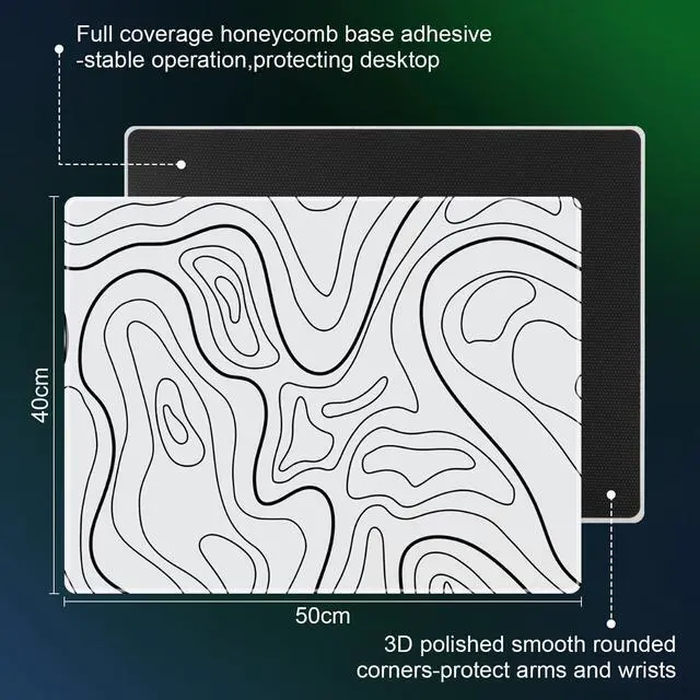 Alt view image 2 of 5 - DAWNTREES Glass Gaming Mouse Pad,Accurate and Fast Mouse Tracking,Tempered Glass,Anti-Slip Rubber Base,Large Mouse Mat for Office & Home,XXL 19.69"x15.75" White Topographic