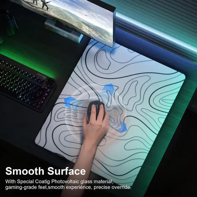 Alt view image 3 of 5 - DAWNTREES Glass Gaming Mouse Pad,Accurate and Fast Mouse Tracking,Tempered Glass,Anti-Slip Rubber Base,Large Mouse Mat for Office & Home,XXL 19.69"x15.75" White Topographic