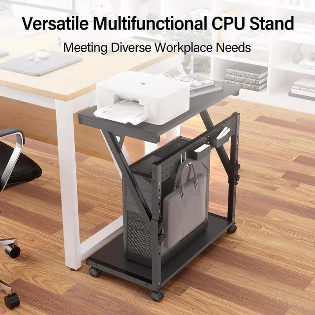Alt view image 4 of 5 - Faesun Computer Tower Cart - Height Adjustable PC Stand, 2-Tier ATX-Case CPU Holder Home Office Gaming Desk Accessories with Rolling Lockable Wheels, Laptop Table Standing Computer Desk, Rustic Black