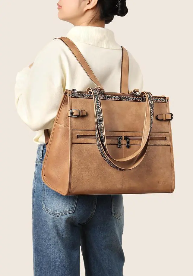 Alt view image 2 of 5 - FADEON Laptop Bag for Women Designer PU Leather Large Tote Bags Packpack Purses with 15.6 Laptop Compartment Travel Shoulder Handbag Brown